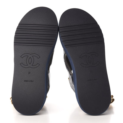 Chanel Goatskin Fabric Flat Sandals 37 Navy Blue Grey Yellow 5 of 8