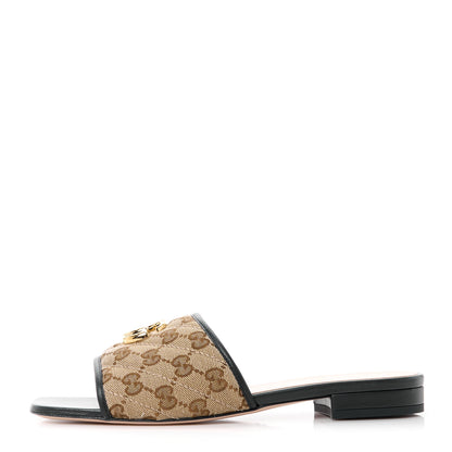 Gucci Monogram Matelasse Diagonal GG Marmont Flat Slide Sandals 39 Beige Ebony Black 1 of 10
