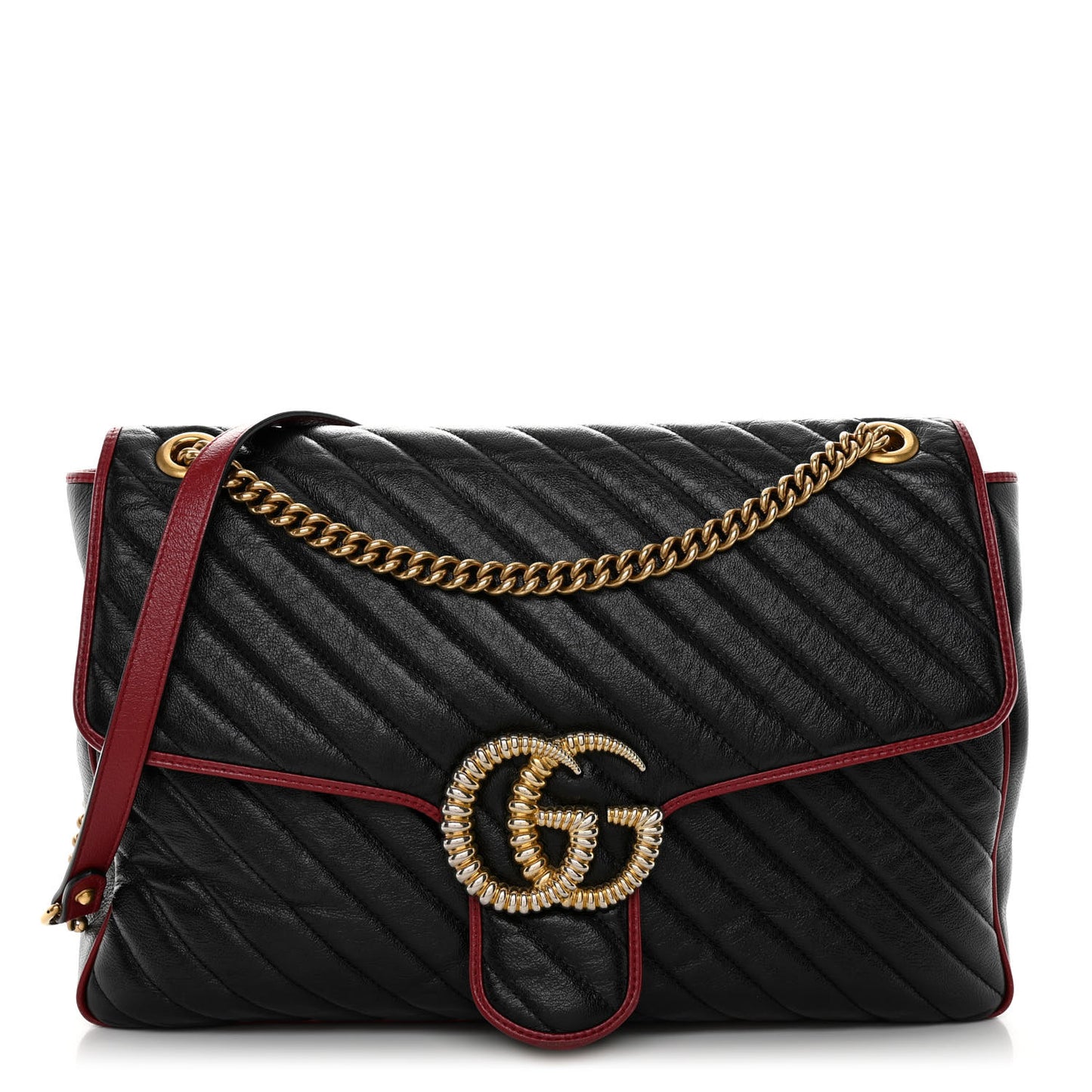 Vintage Effect Calfskin Matelasse Diagonal Large Torchon GG Marmont Shoulder Bag Black Romantic Cherry