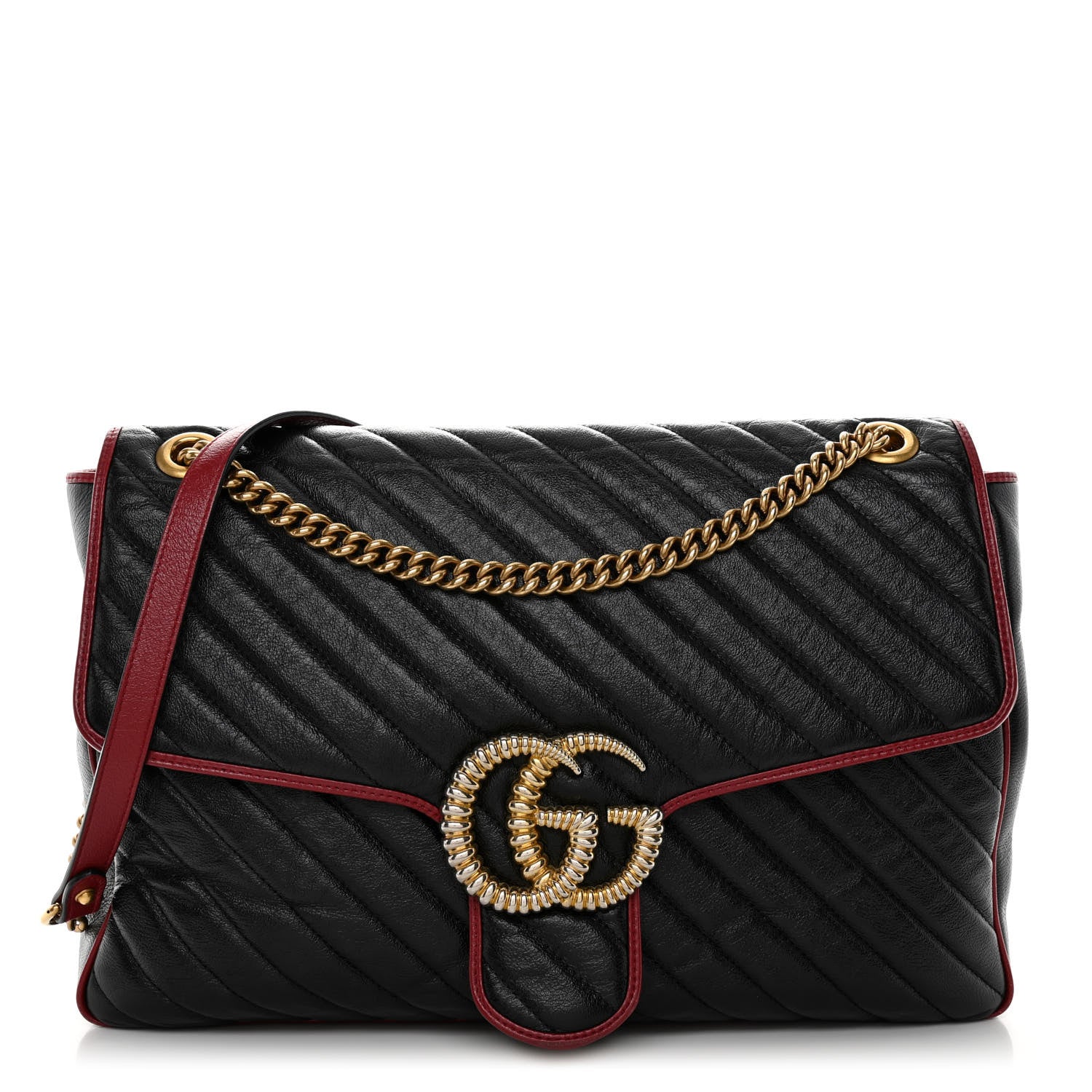Gucci Vintage Effect Calfskin Matelasse Diagonal Large Torchon GG Marmont Shoulder Bag Black Romantic Cherry 1 of 10