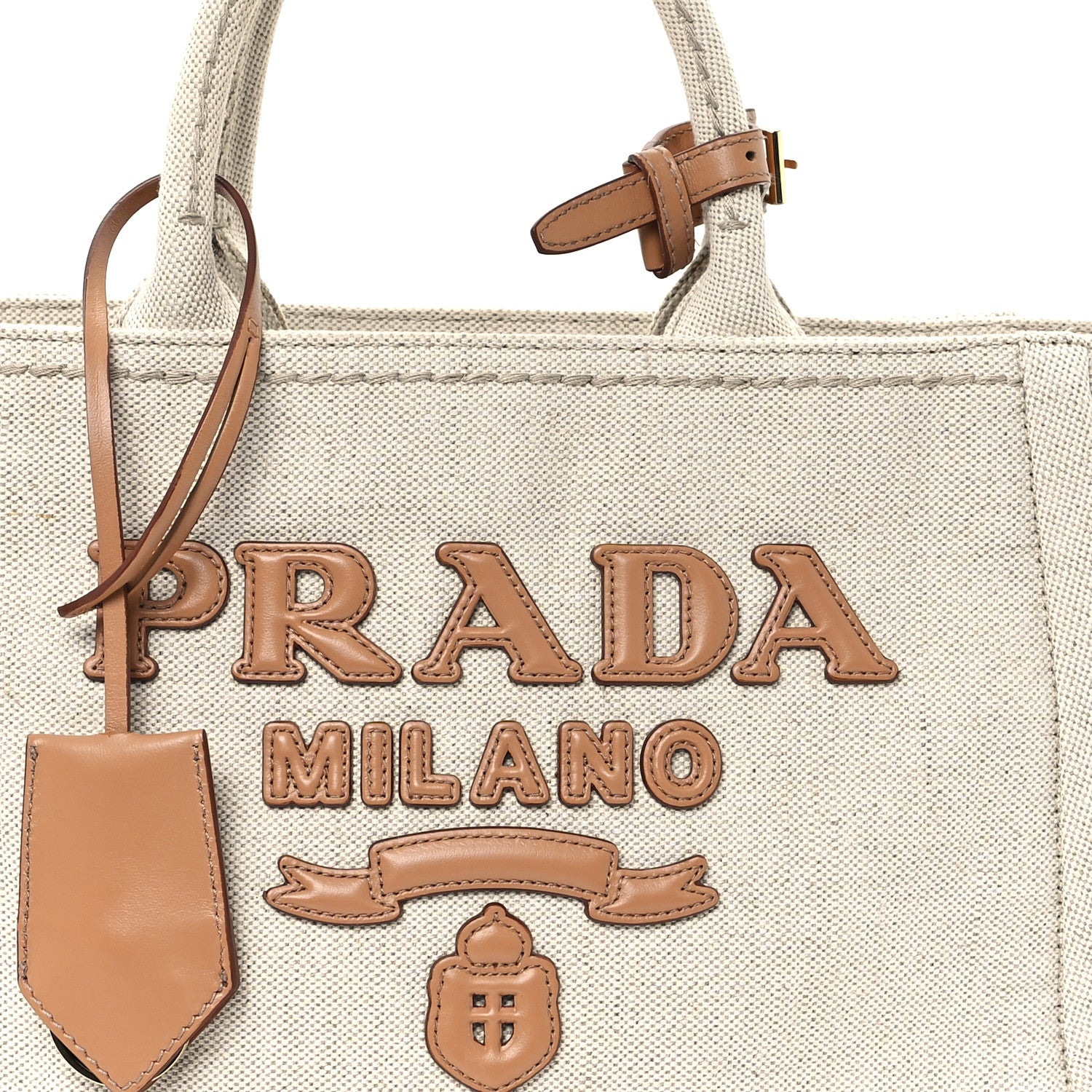 Prada Linen Blend Vitello Logo Tote Natural 7 of 10