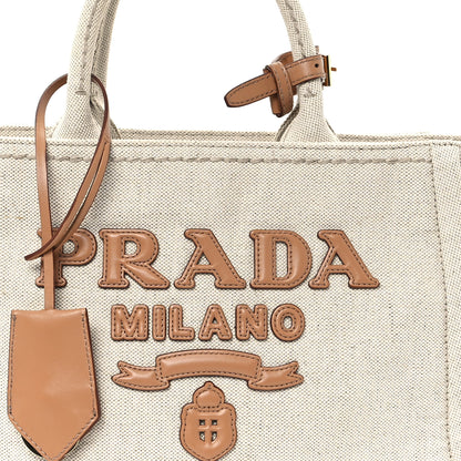 Prada Linen Blend Vitello Logo Tote Natural 7 of 10