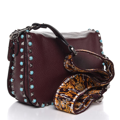 Valentino Garavani Pebbled Calfskin Medium Guitar Strap Rockstud Rolling Flap Saddle Bag Rubin 3 of 8