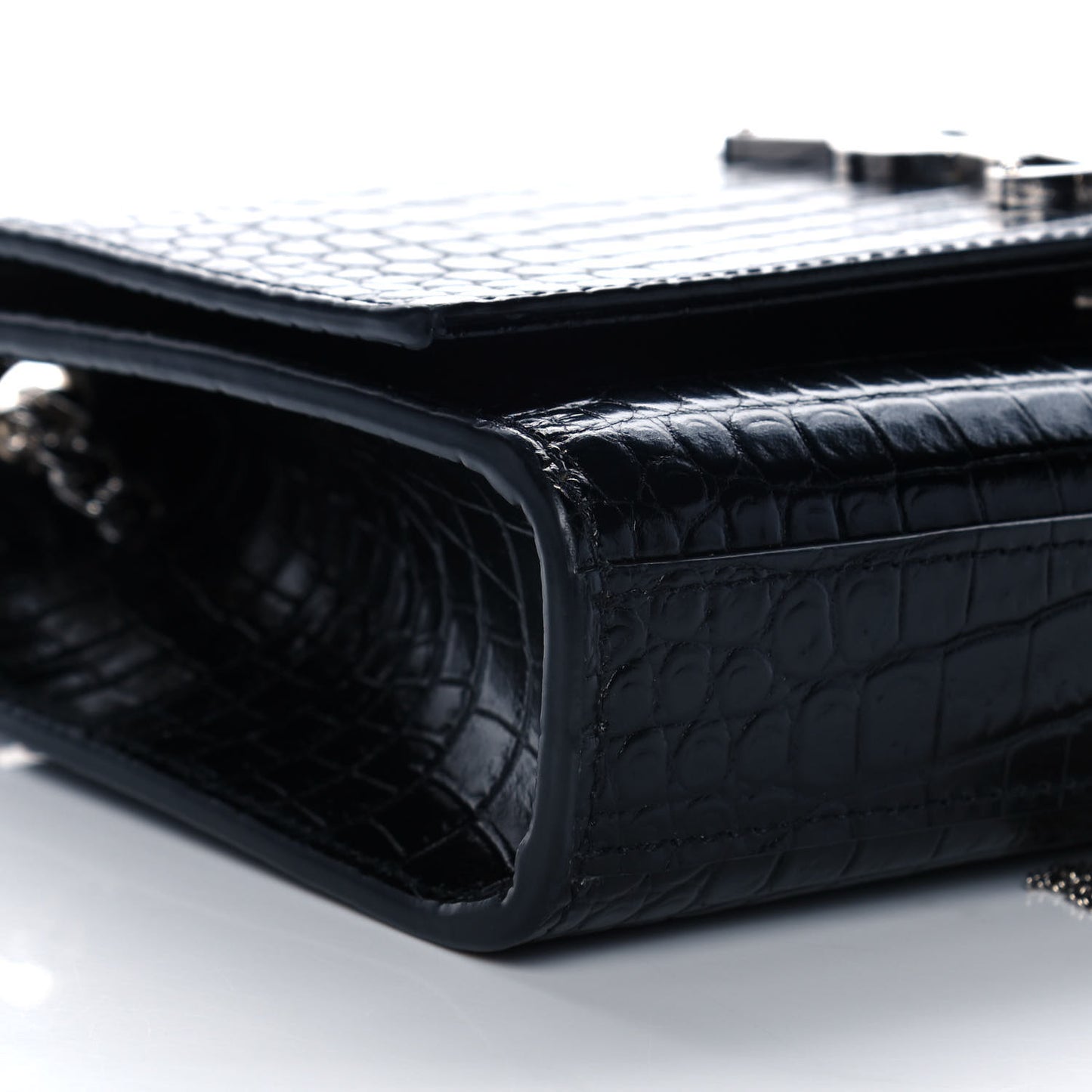 Calfskin Crocodile Embossed Small Classic Monogram Kate Tassel Satchel Black