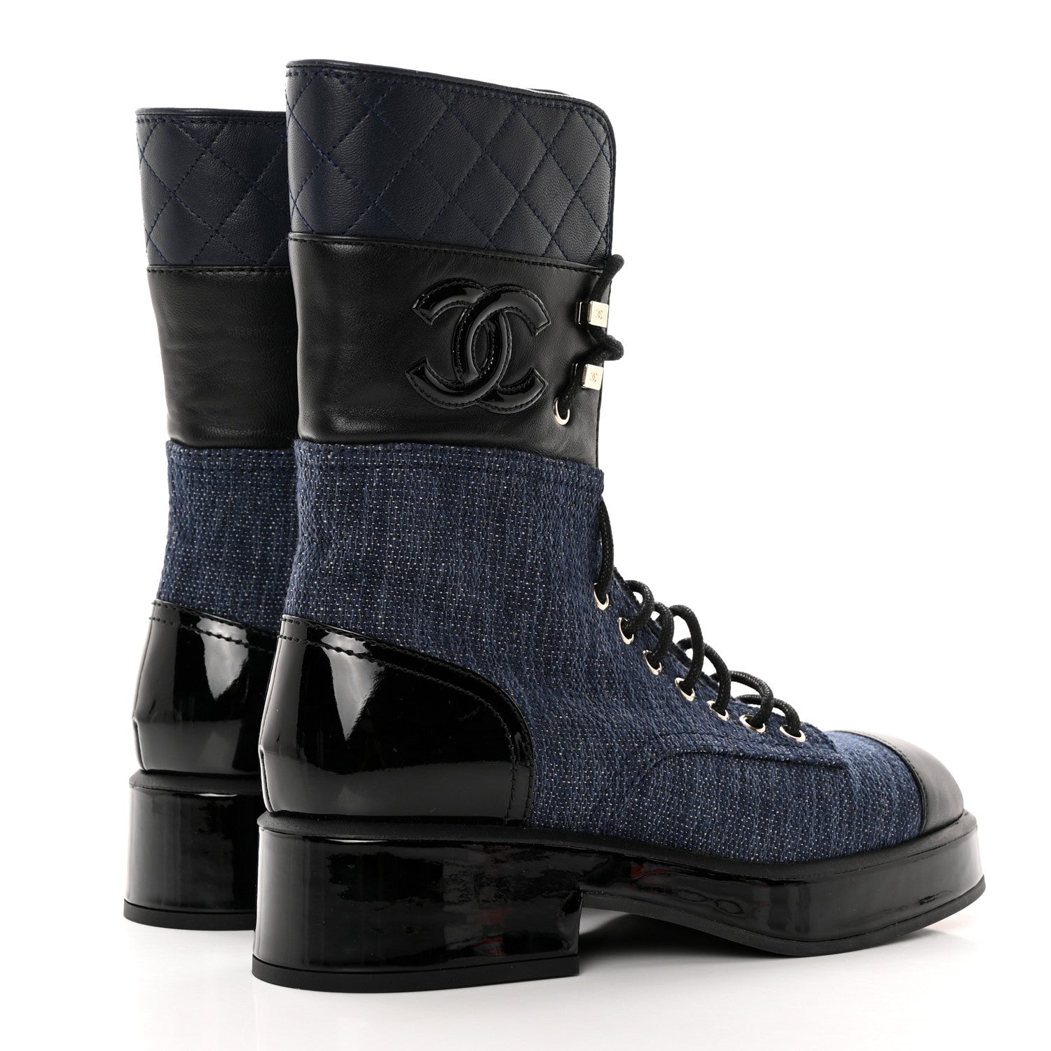 Chanel Denim Patent Lambskin Quilted CC Lace Up Combat Boots 36 Blue Black 4 of 11