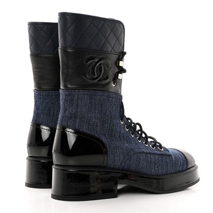 Chanel Denim Patent Lambskin Quilted CC Lace Up Combat Boots 36 Blue Black 4 of 11