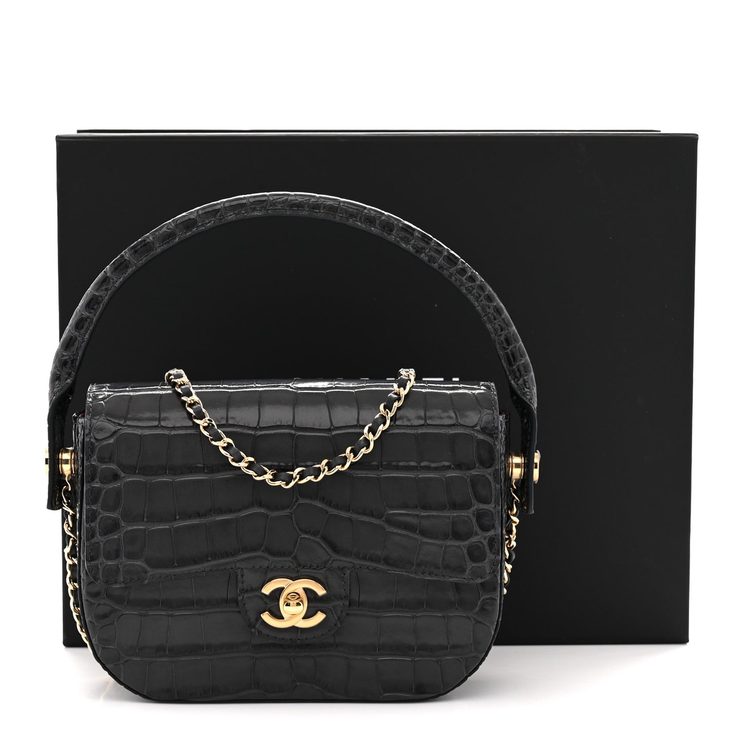 Calfskin Crocodile Embossed Turn Around Mini Flap Dark Grey