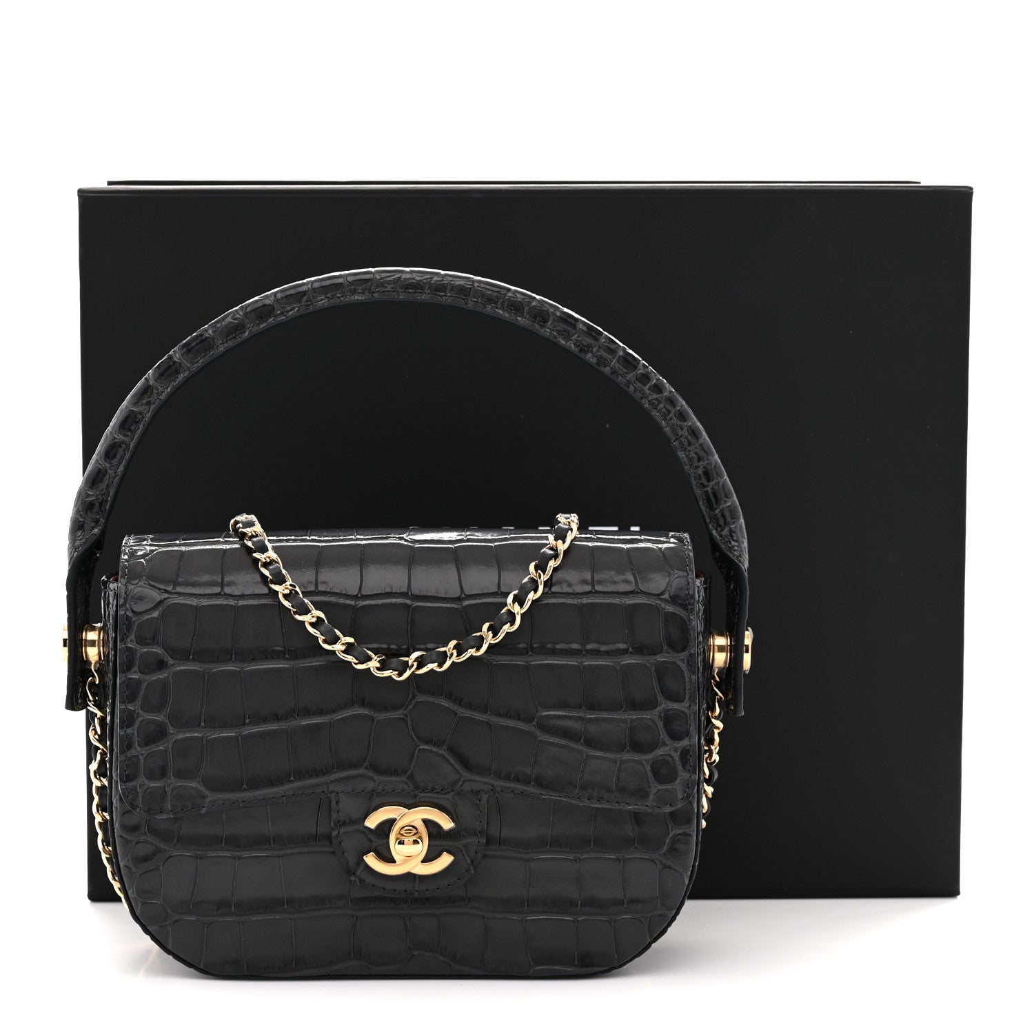 Chanel Calfskin Crocodile Embossed Turn Around Mini Flap Dark Grey 12 of 12