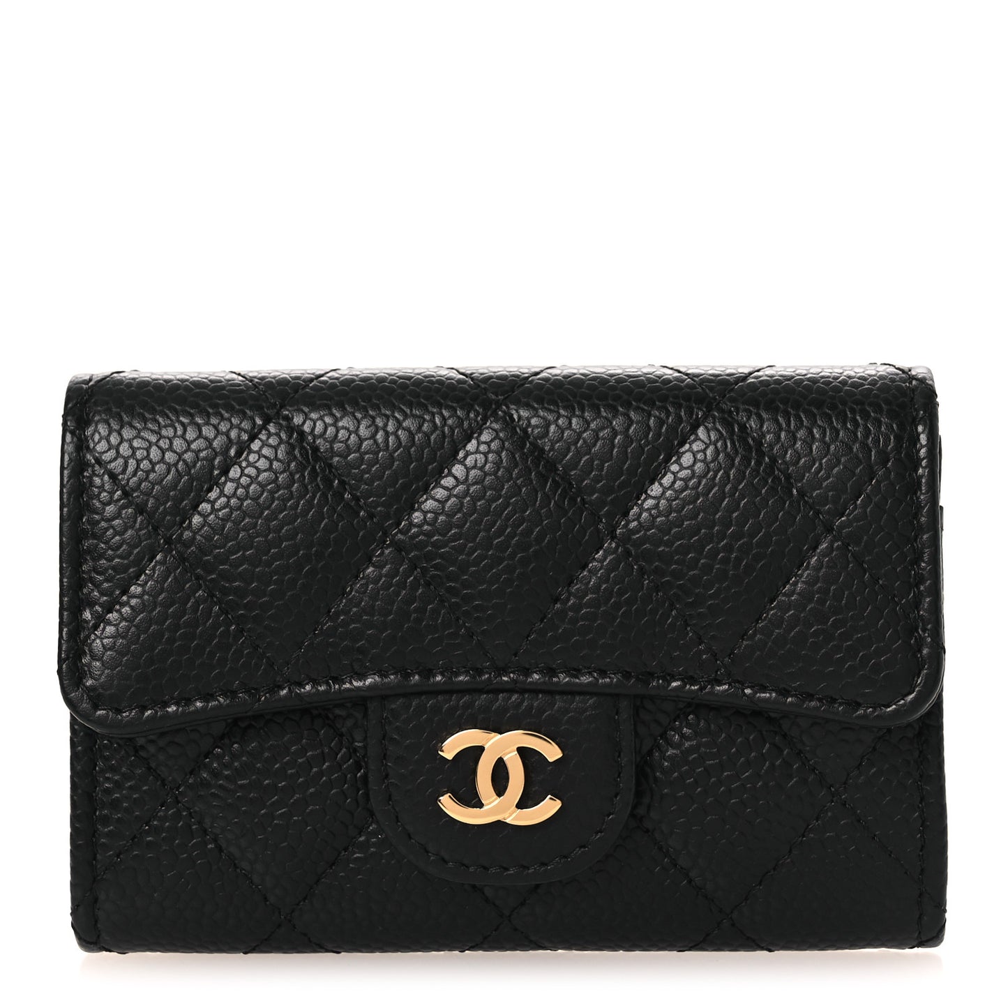 Caviar Quilted Flap Card Holder Wallet Black