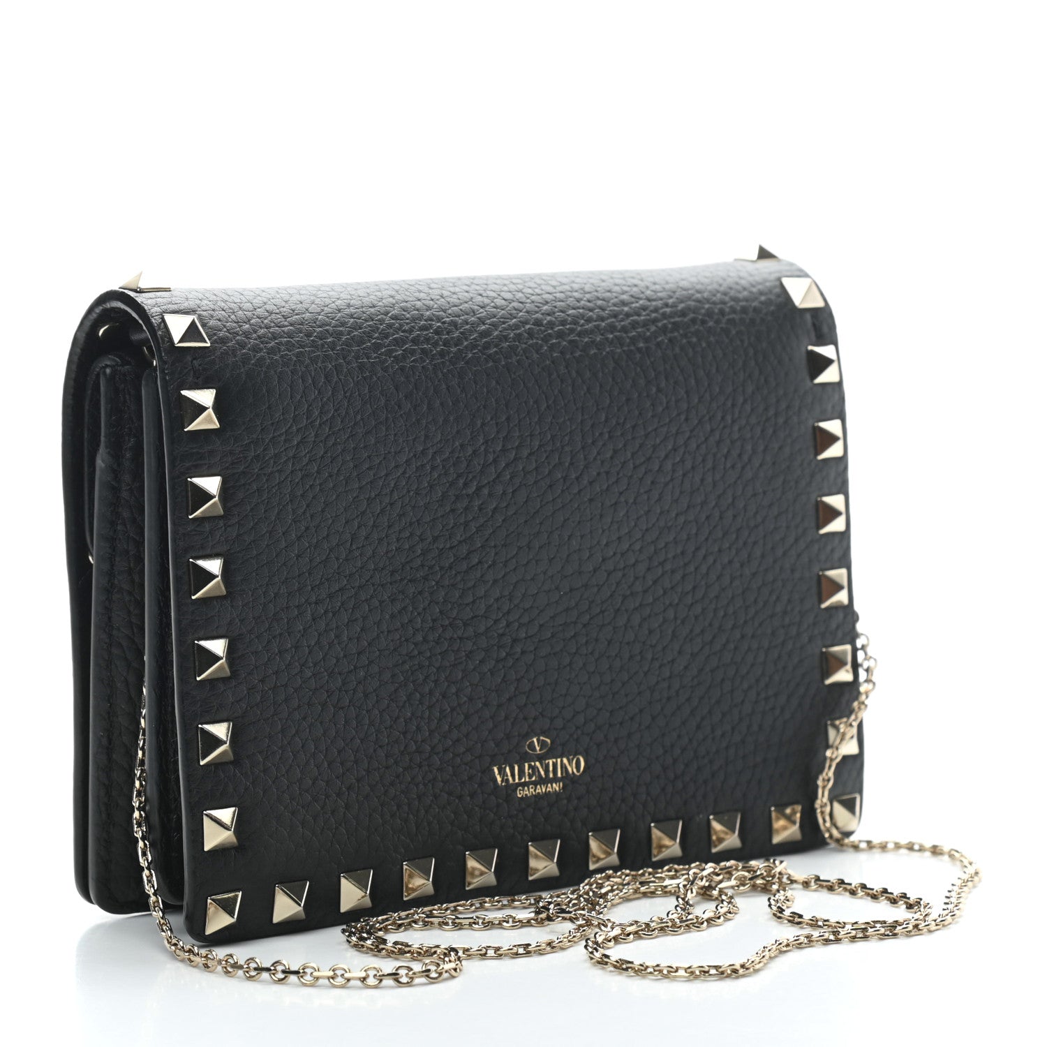Valentino Garavani Pebbled Calfskin Rockstud Wallet on Chain Black 4 of 16