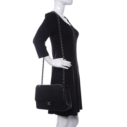 Chanel Lambskin Chevron Quilted Jumbo Double Flap Black 2 of 12