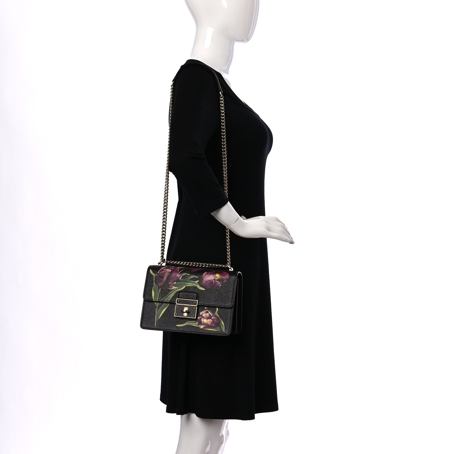 Dolce & Gabbana Grained Calfskin Floral Print Rosalia Shoulder Bag Black 2 of 10