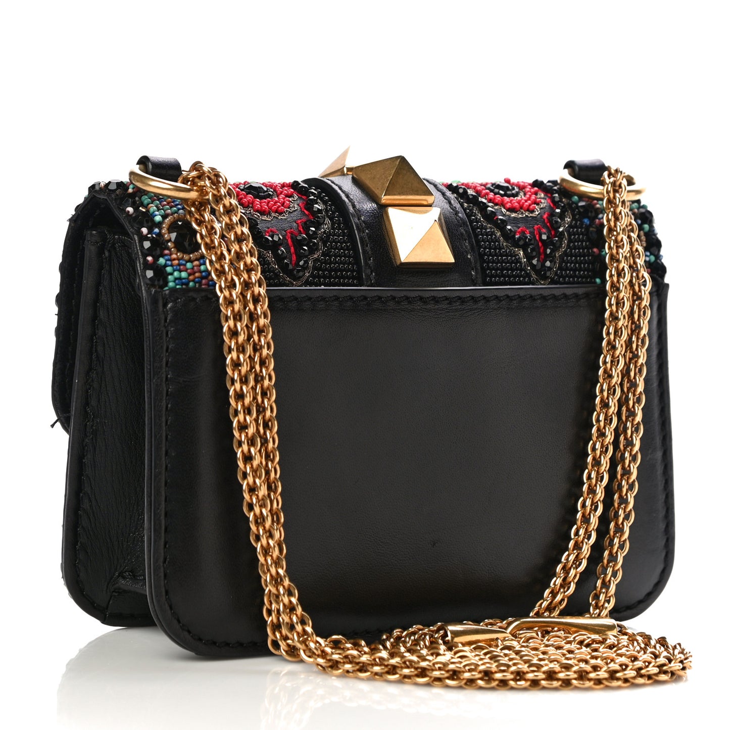 Vitello Beaded Small Glam Lock Rockstud Flap Black