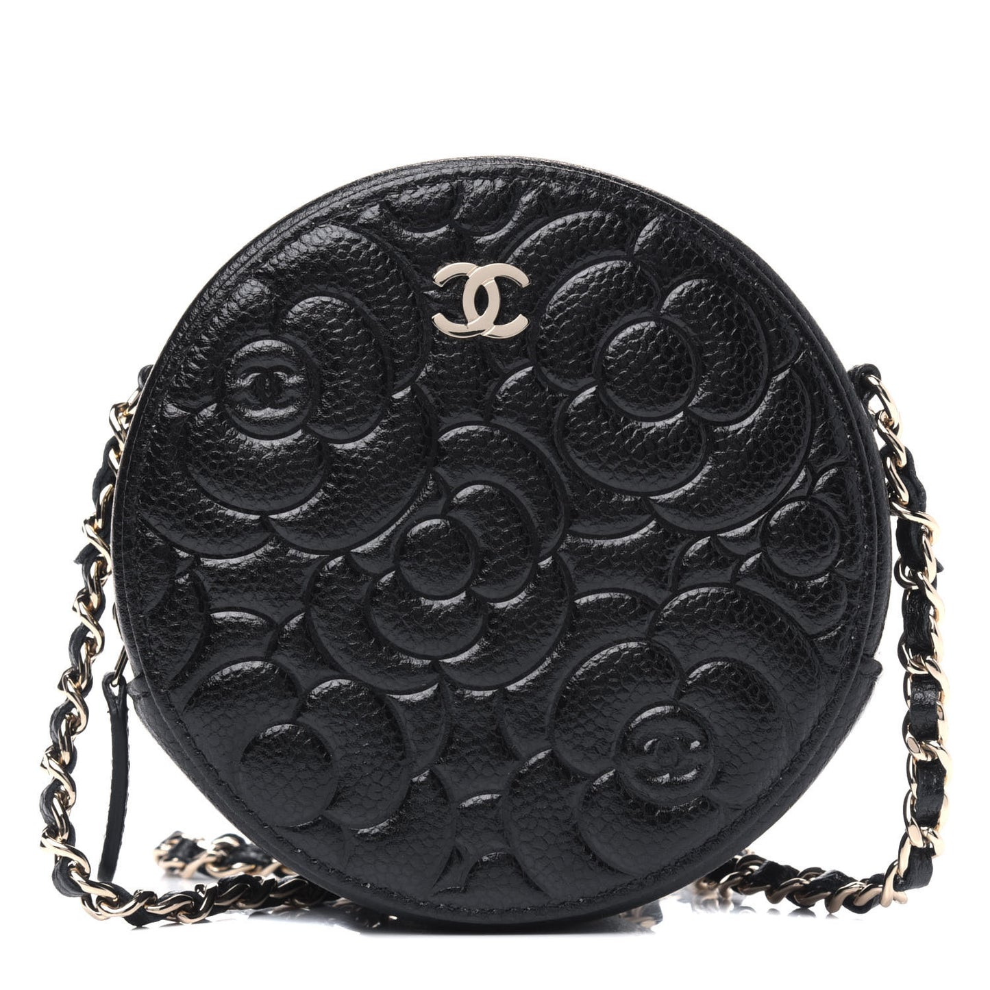 Caviar Camellia Embossed Round Clutch With Chain Black
