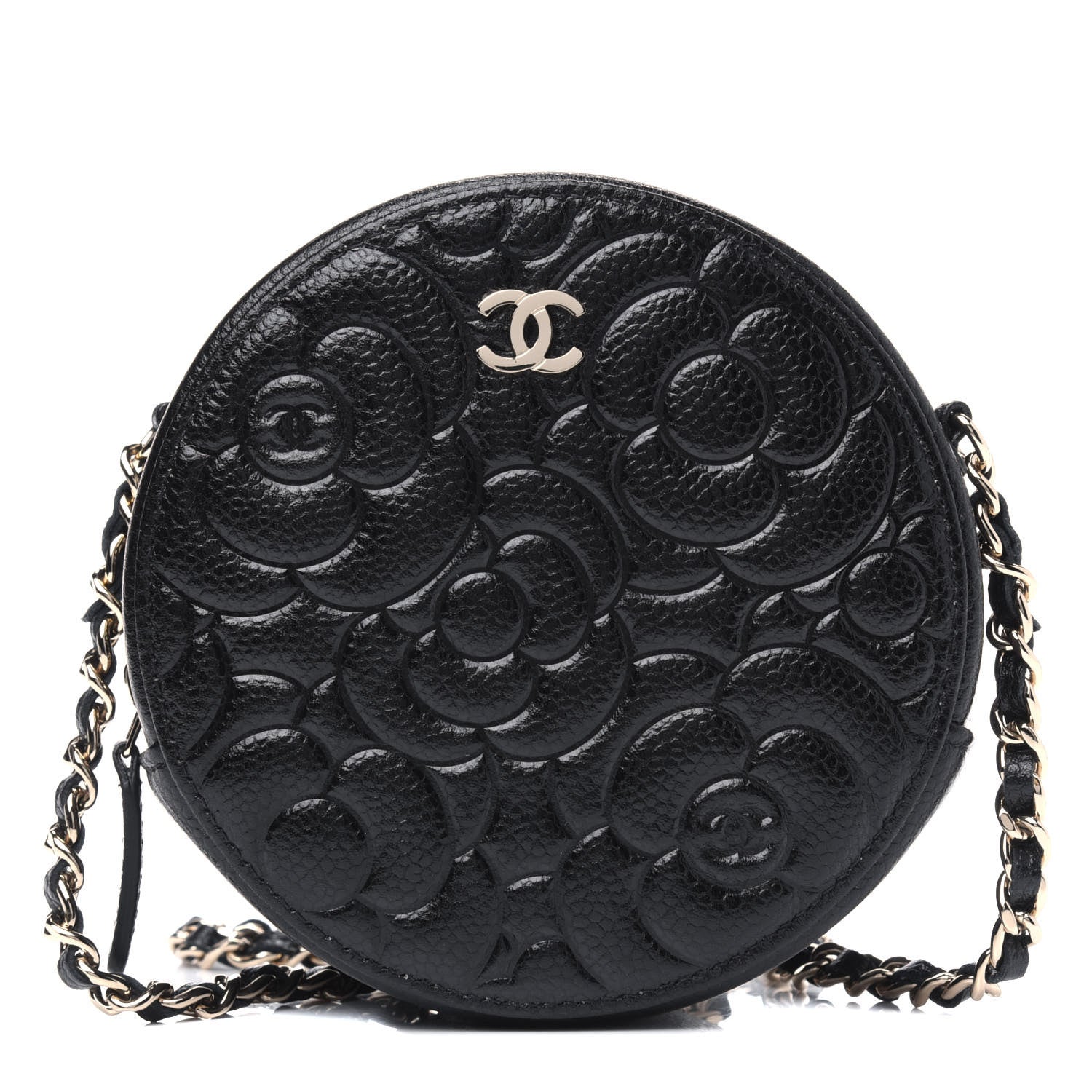 Chanel Caviar Camellia Embossed Round Clutch With Chain Black 1 of 4
