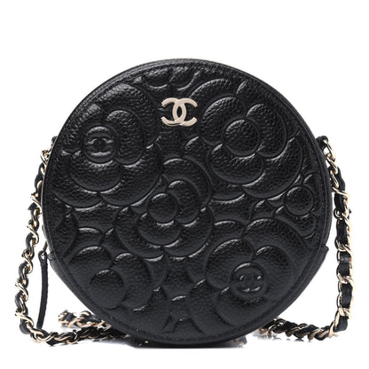 Chanel Caviar Camellia Embossed Round Clutch With Chain Black 1 of 4
