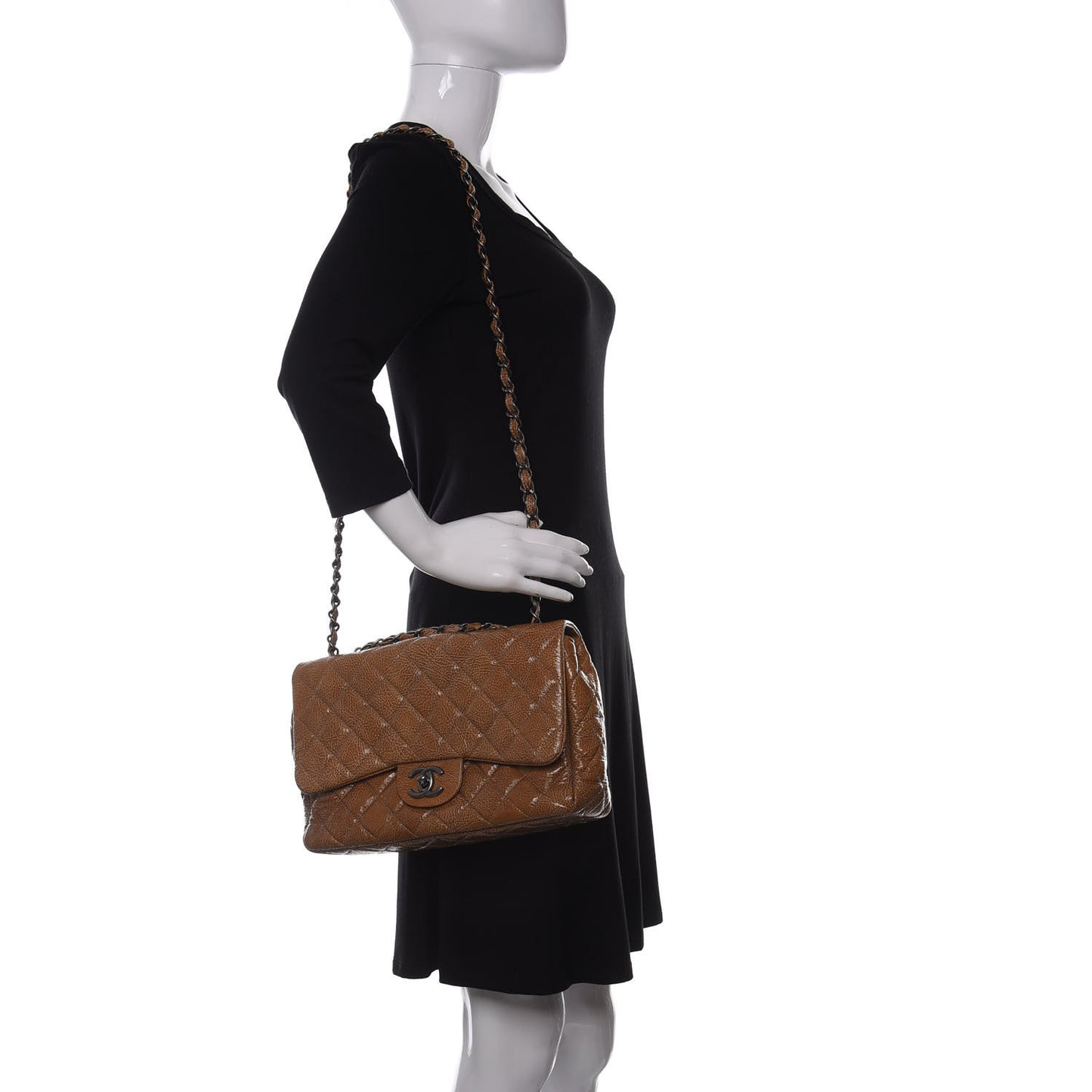 Crinkled Patent Quilted Jumbo Single Flap Beige