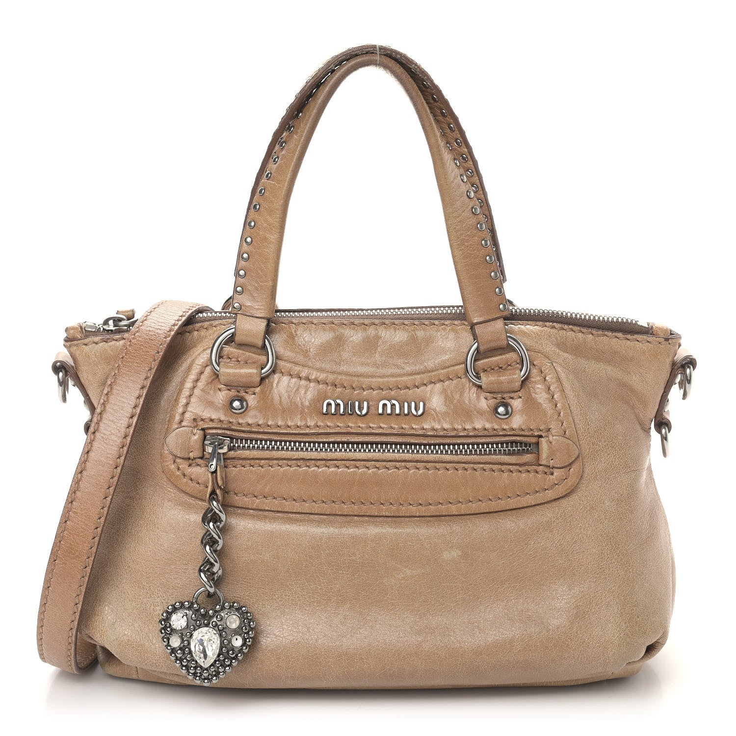 Miu Miu Vitello Lux Crystal Heart Charm Tote Beige 850982