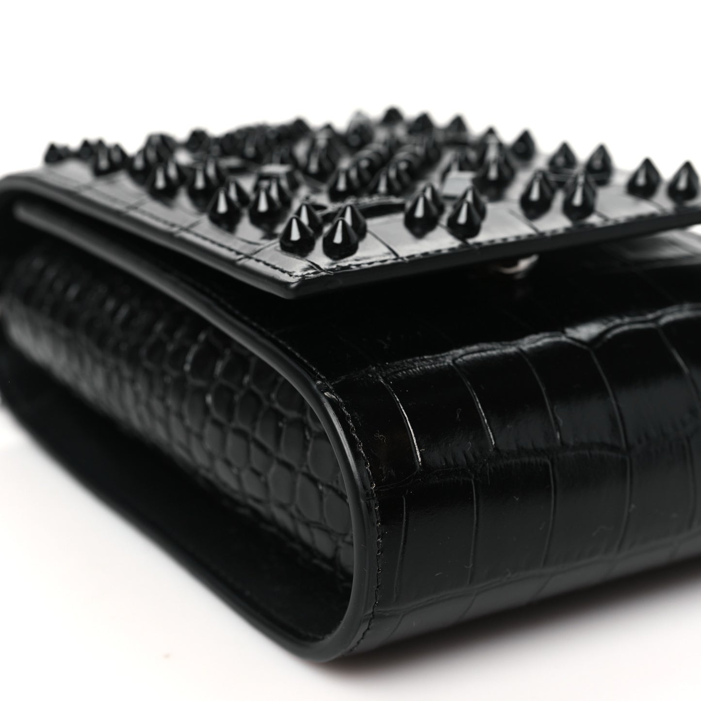 Crocodile Embossed Calfskin Spikes Loubinthesky Paloma Crossbody Phone Case Black