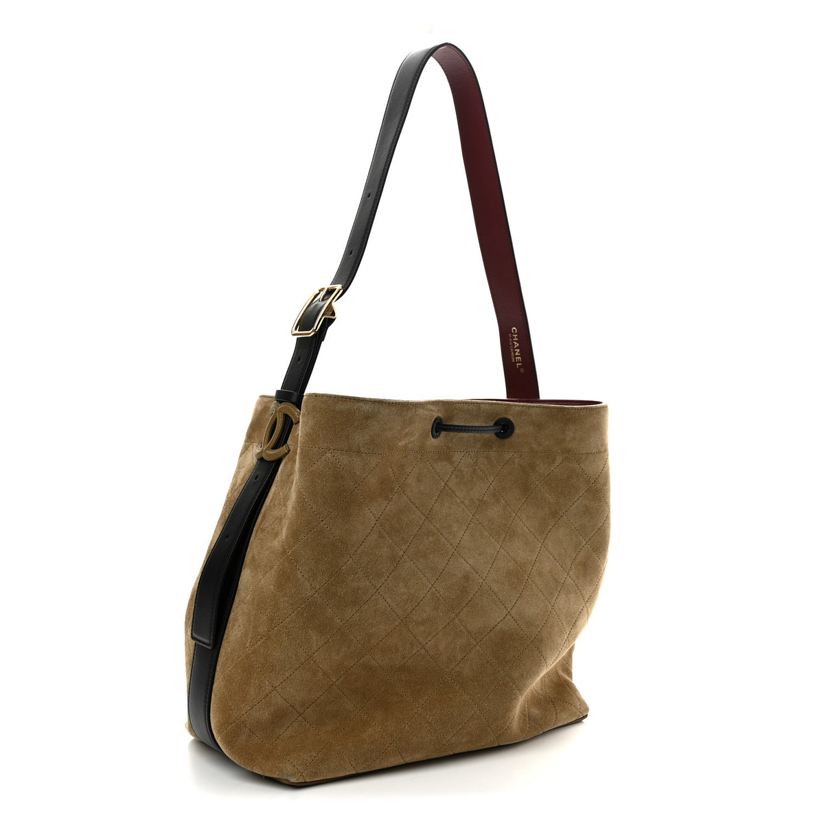 Suede Quilted Bucket Bag Dark Beige Black