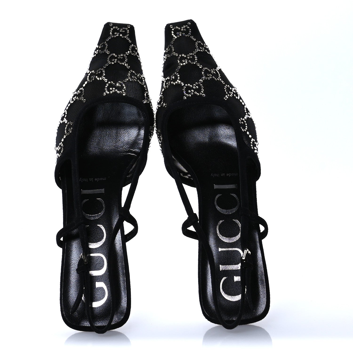 Gucci Tela Retino Kid Scamosciato Crystal GG Monogram Square G 35mm Slingback Pumps 38.5 Black 2 of 8