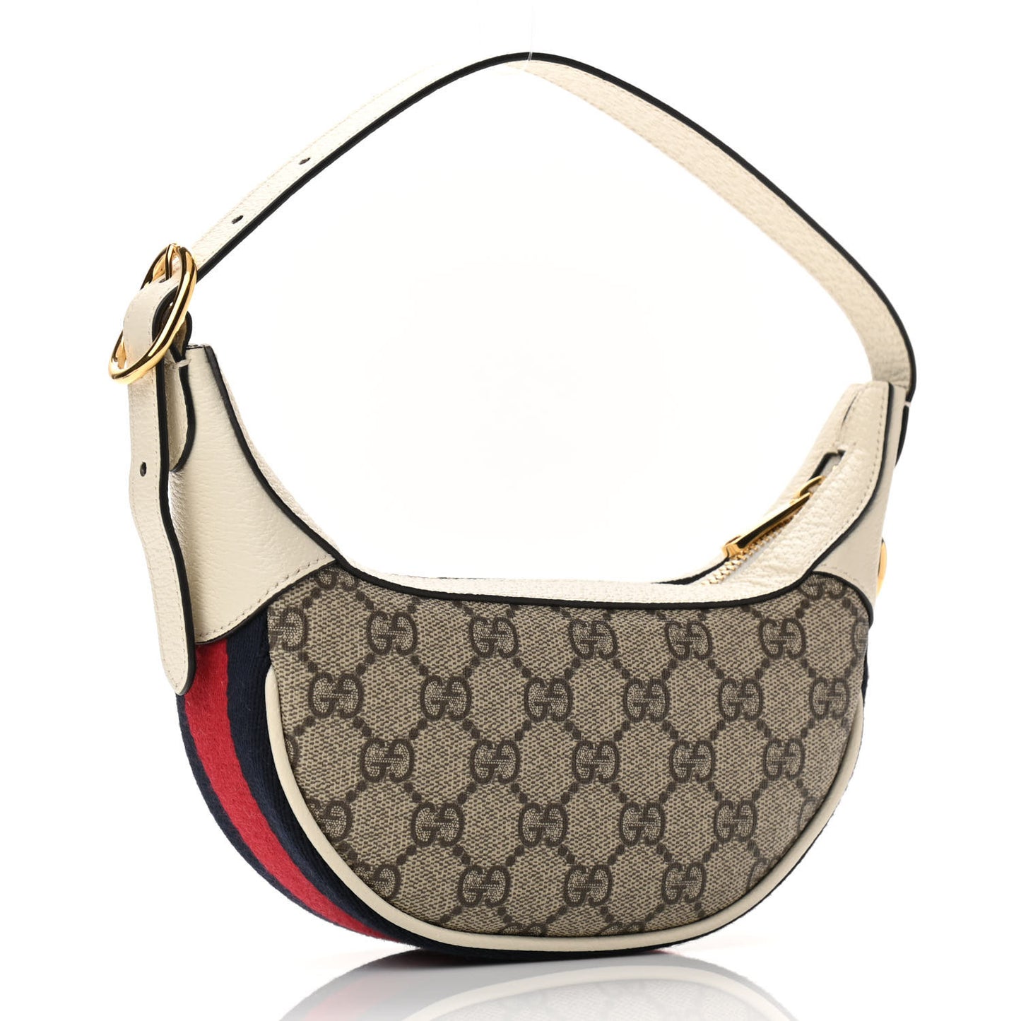 GG Supreme Monogram Textured Dollar Calfskin Web Mini Ophidia Half Moon Hobo Beige Ebony Mystic White