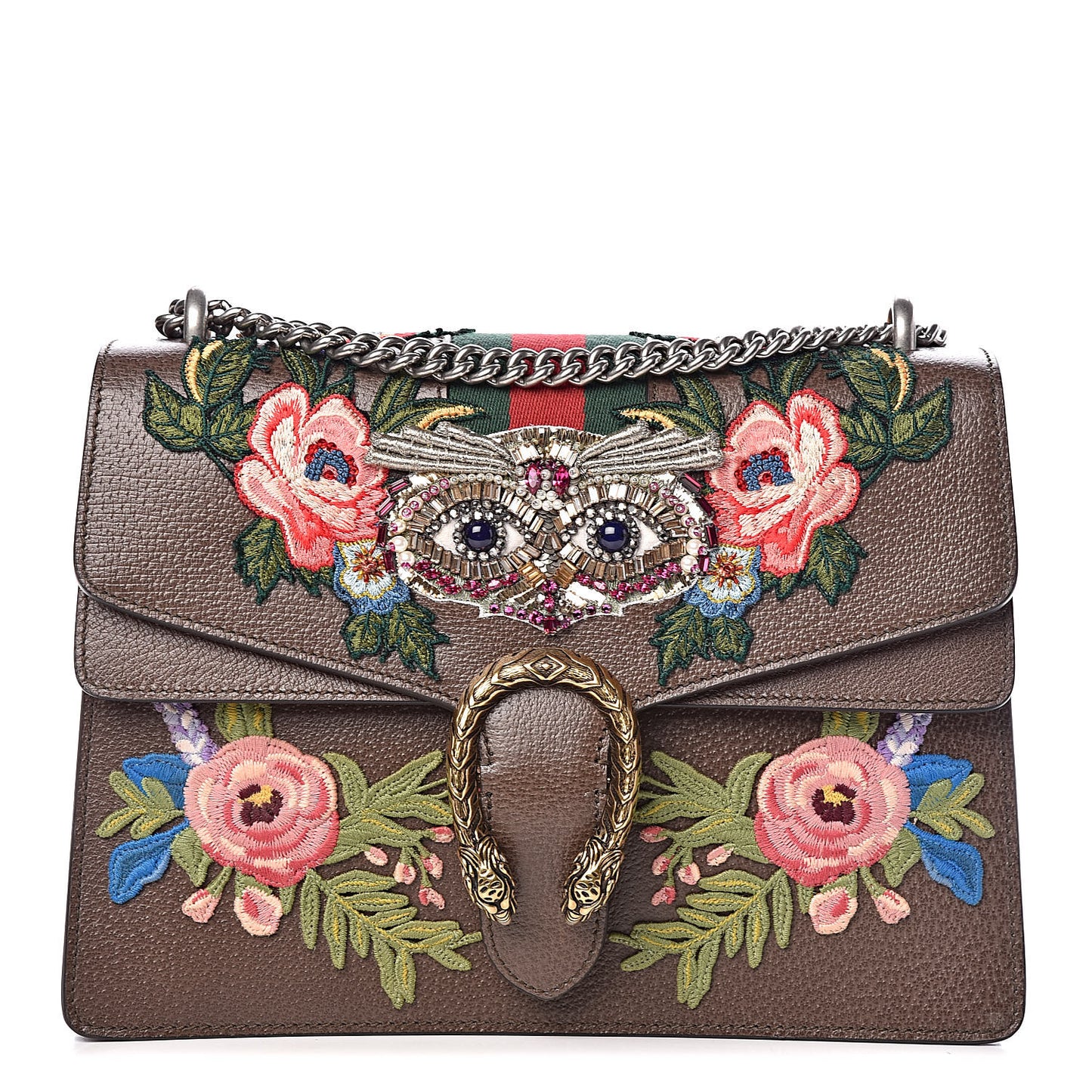 Calfskin Web Owl Embroidered Medium Dionysus Shoulder Bag New Acero Multicolor
