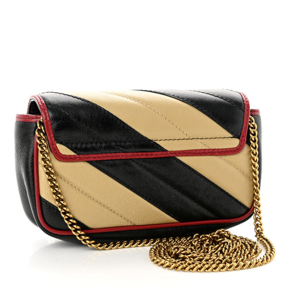 Gucci Vintage Effect Calfskin Matelasse Diagonal Striped Super Mini Torchon GG Marmont Shoulder Bag Black Beige 3 of 10