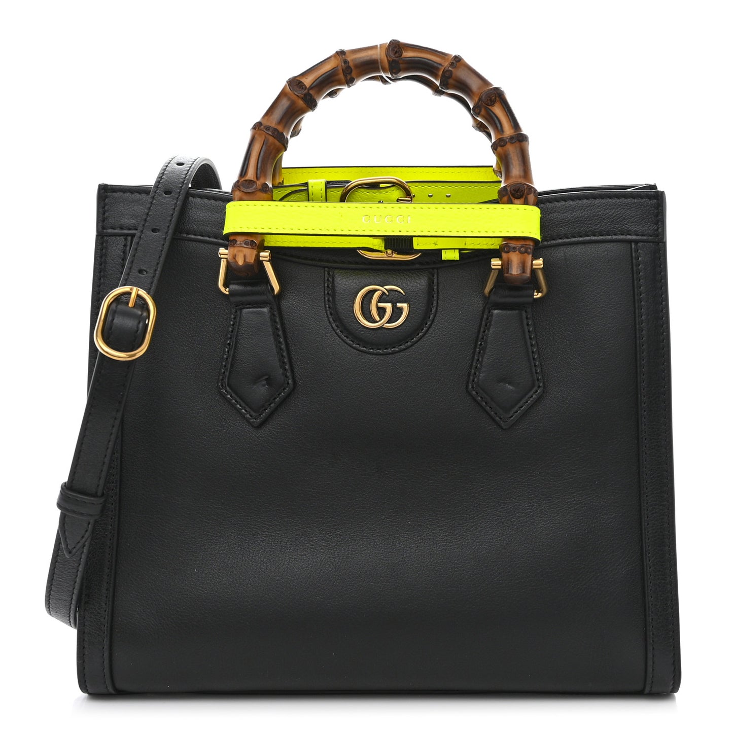 Calfskin Small Diana Tote Bag Black Yellow Fluo