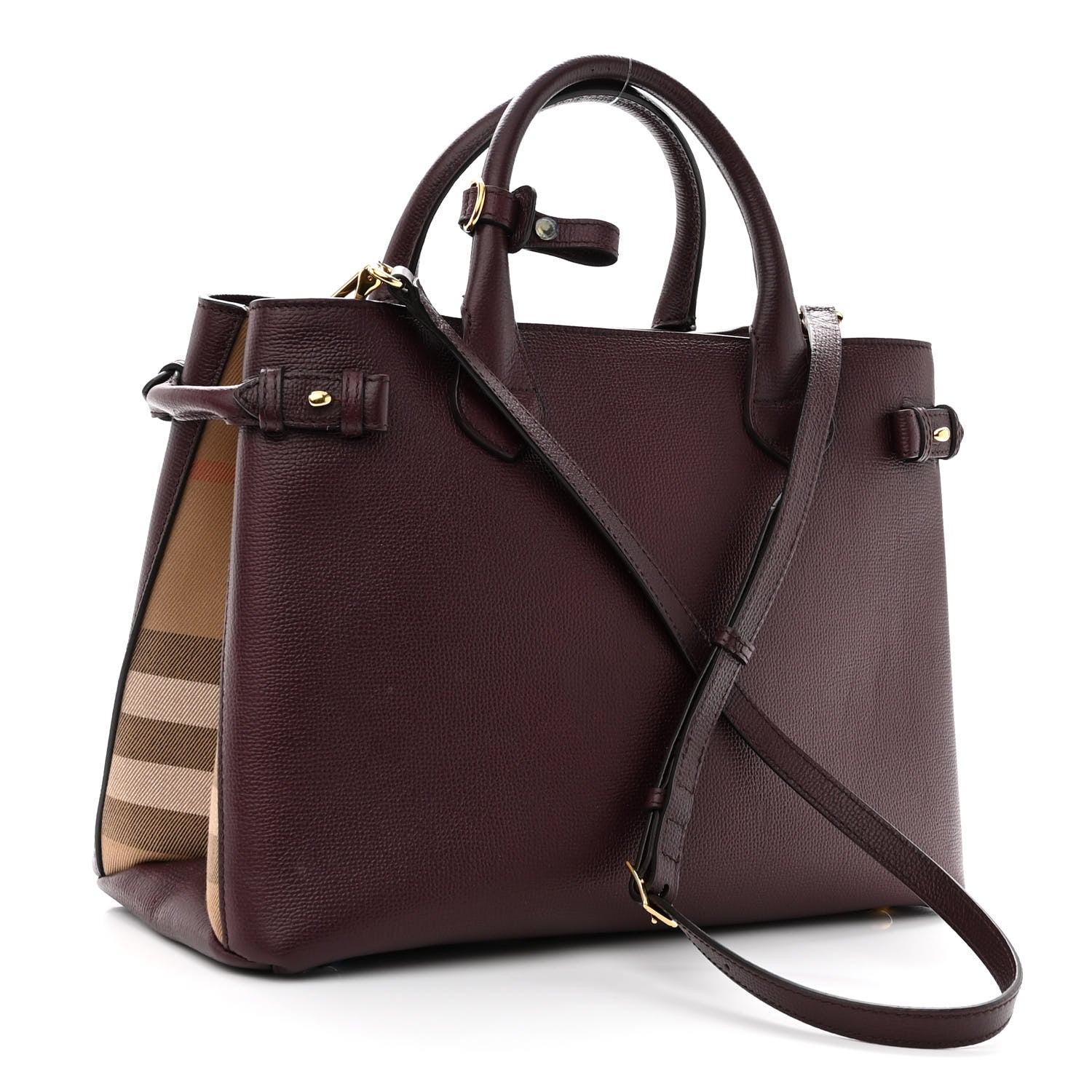 Burberry Grainy Calfskin House Check Medium Banner Tote Mahogany Red 3 of 9