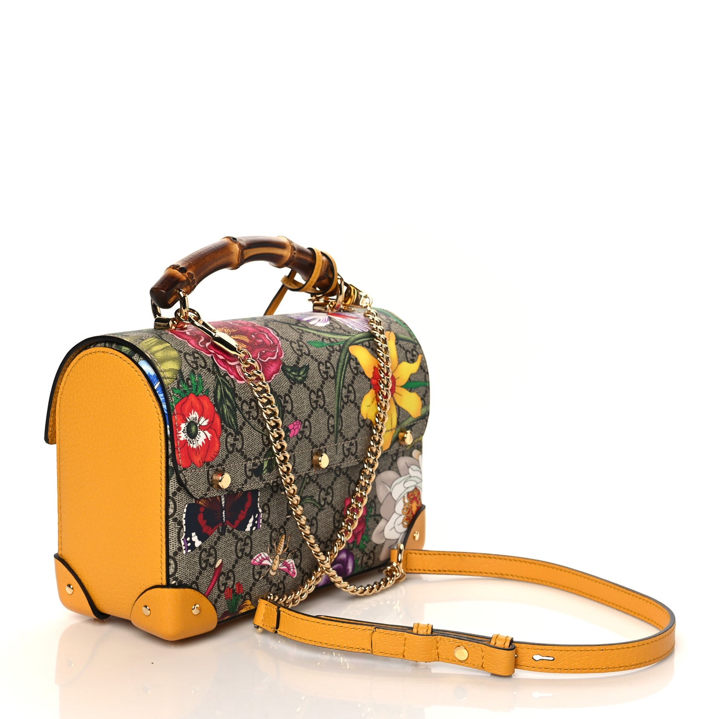 GG Supreme Monogram Flora Small Padlock Bamboo Shoulder Bag Beige Multicolor Crop