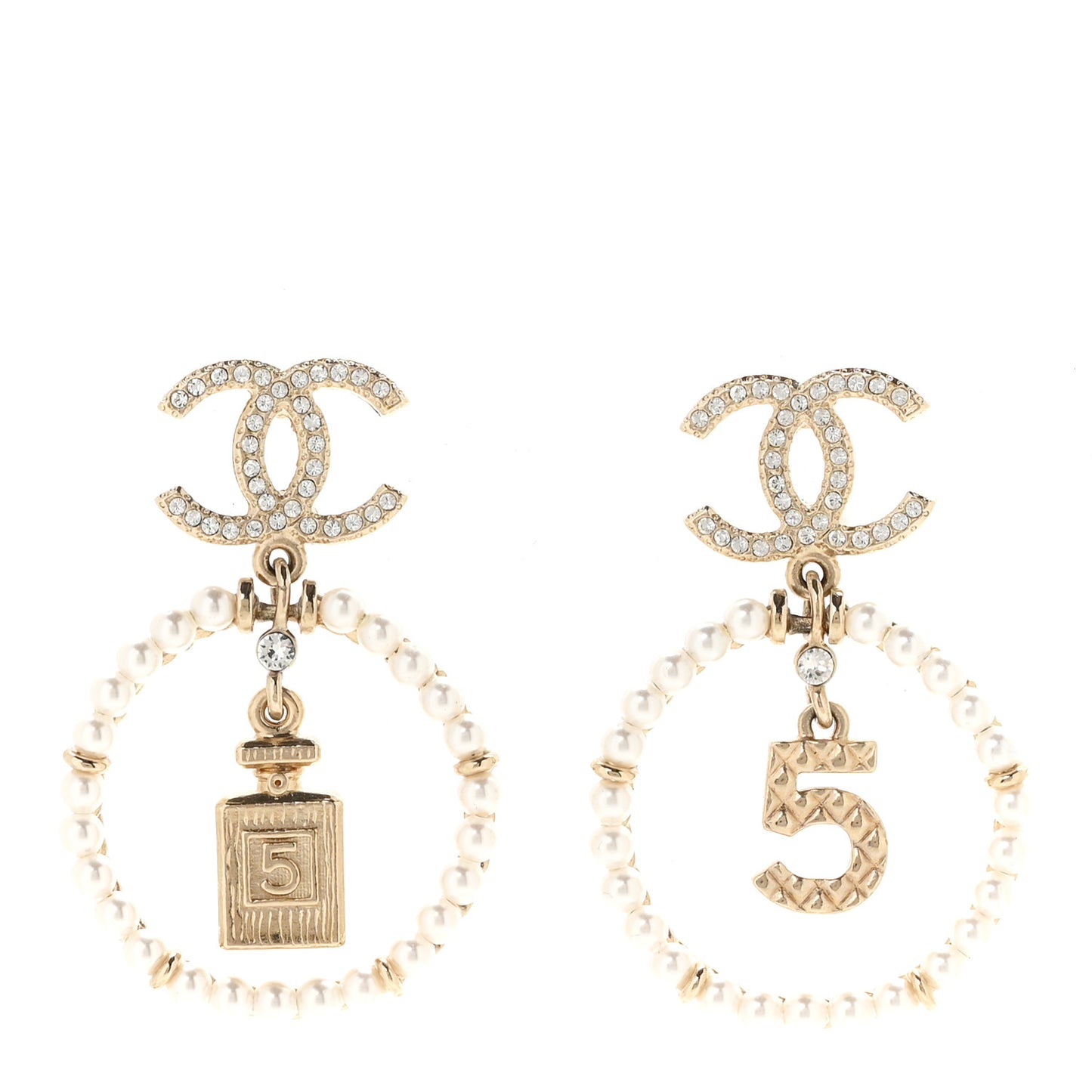 Crystal Pearl Chanel Charms CC Drop Earrings Gold