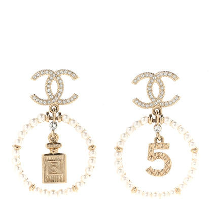 Chanel Crystal Pearl Chanel Charms CC Drop Earrings Gold 1 of 5