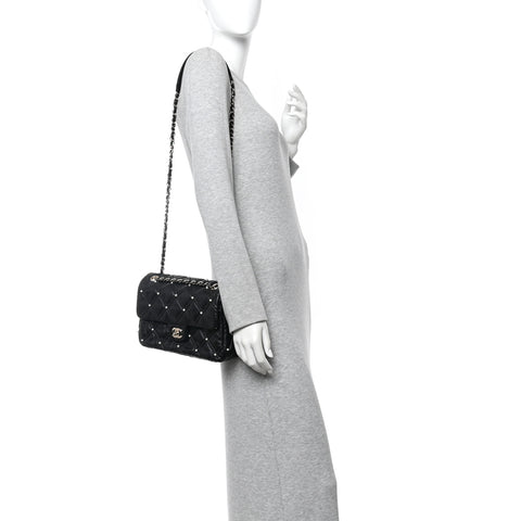 Lambskin Quilted Pearl Studded Flap Black