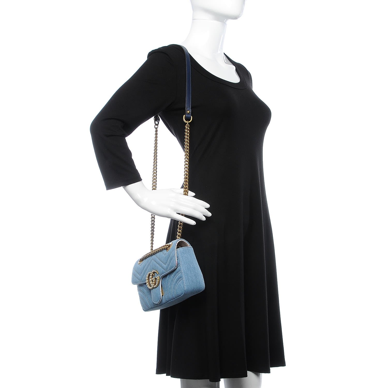 Gucci Denim Matelasse Mini Pearly GG Marmont Shoulder Bag Blue 2 of 7