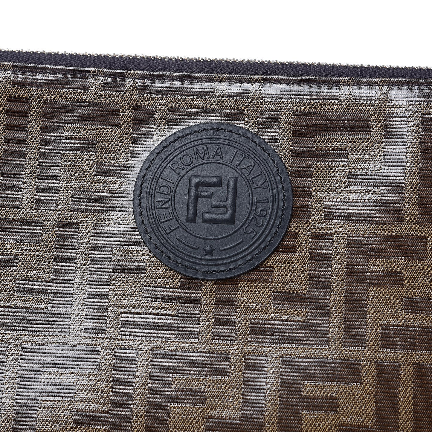 Glazed Fabric Vitello Century FF 1974 Stamp Patch Large Flat Pouch Mogano Panna Black