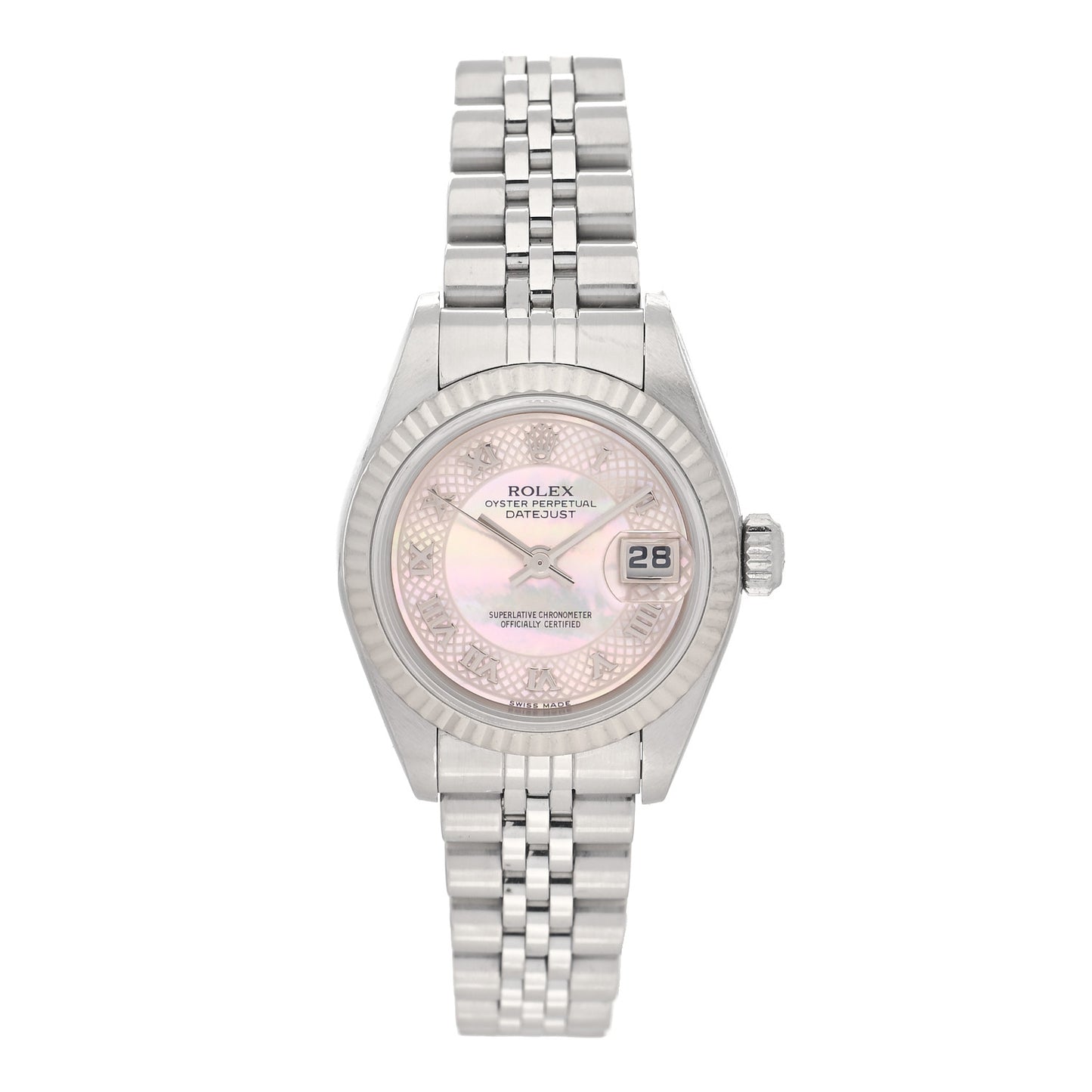 Stainless Steel 18K White Gold Pink Mother of Pearl 26mm Oyster Perpetual Datejust Watch Roman 79174