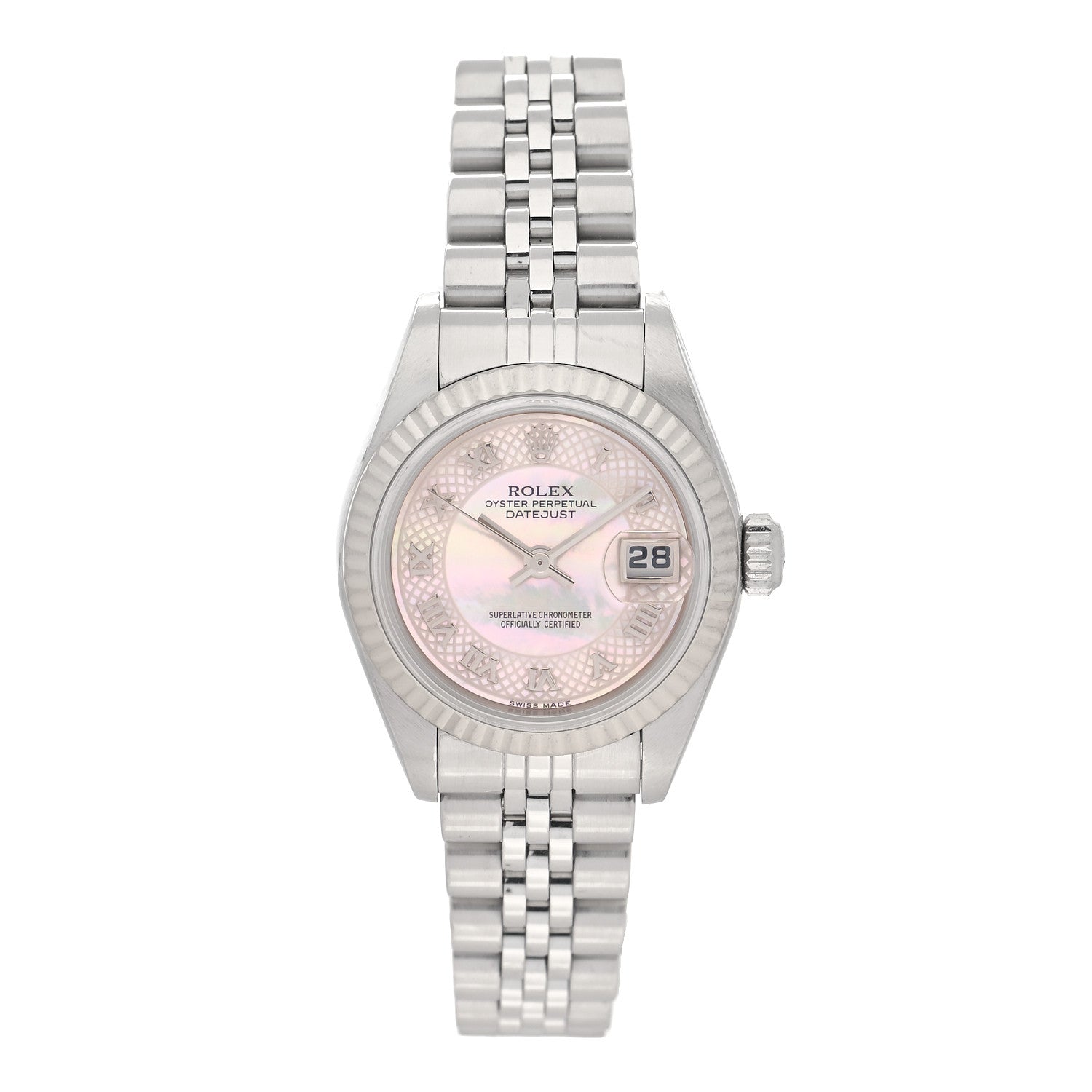 Rolex Stainless Steel 18K White Gold Pink Mother of Pearl 26mm Oyster Perpetual Datejust Watch Roman 79174 1 of 4