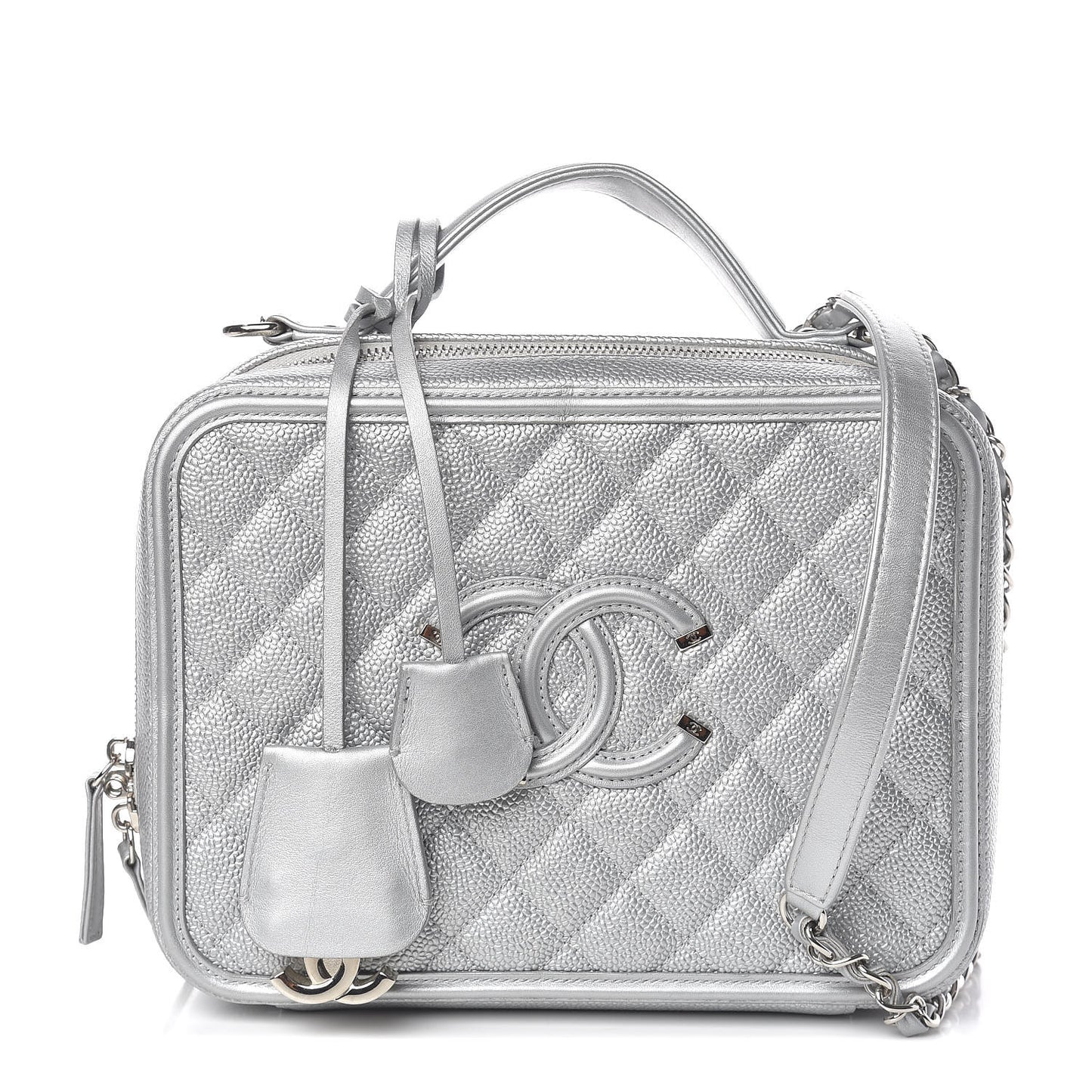Metallic Caviar Quilted Large CC Filigree Vanity Case Silver