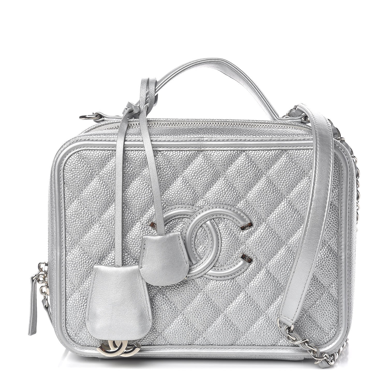 Chanel Metallic Caviar Quilted Large CC Filigree Vanity Case Silver 1 of 11