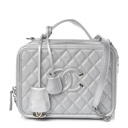 Chanel Metallic Caviar Quilted Large CC Filigree Vanity Case Silver 1 of 11