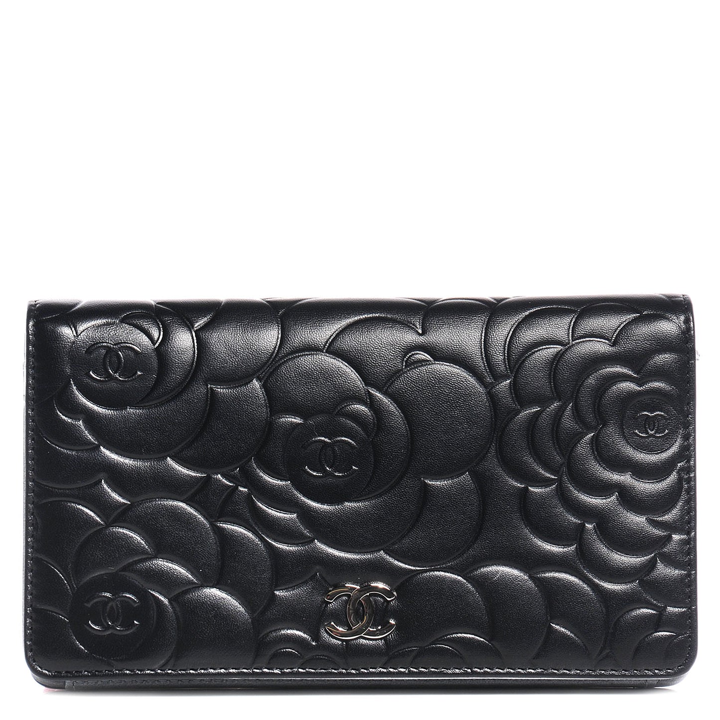 Lambskin Camellia Embossed Yen Wallet Black