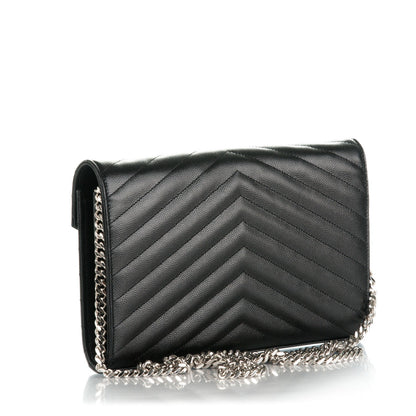 Saint Laurent Grain De Poudre Matelasse Chevron Monogram Chain Wallet Black 3 of 8