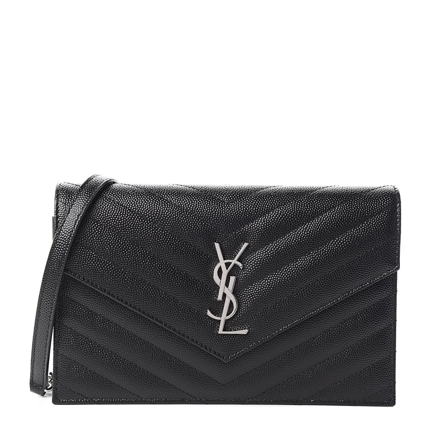 Grain De Poudre Matelasse Chevron Monogram Envelope Chain Wallet Black
