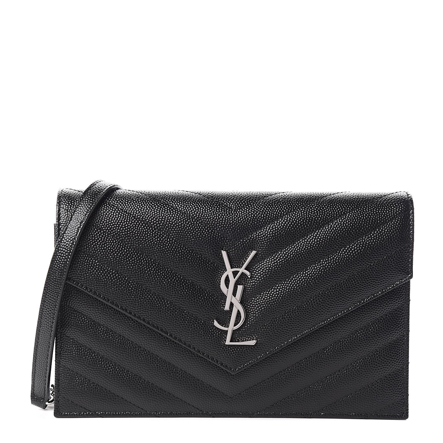 Saint Laurent Grain De Poudre Matelasse Chevron Monogram Envelope Chain Wallet Black 1 of 10