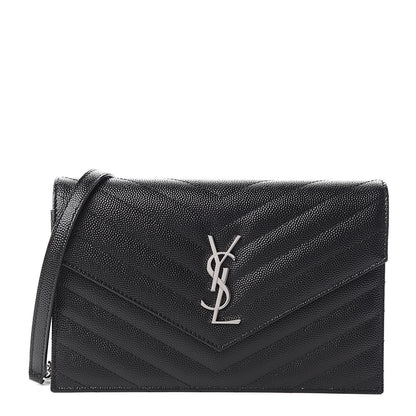 Saint Laurent Grain De Poudre Matelasse Chevron Monogram Envelope Chain Wallet Black 1 of 10