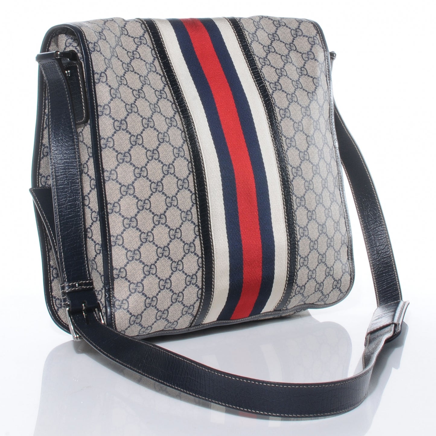 GG Plus Monogram Vintage Web Large Flap Messenger Bag Beige Navy Blue