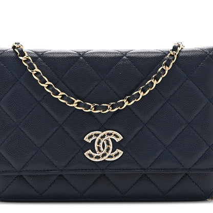 Chanel Caviar Quilted Crystal CC Wallet On Chain WOC Navy 9 of 12