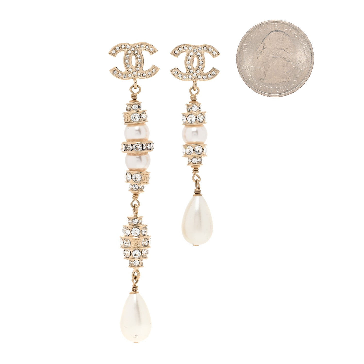 Chanel Crystal Pearl CC Uneven Drop Earrings Gold 2 of 6