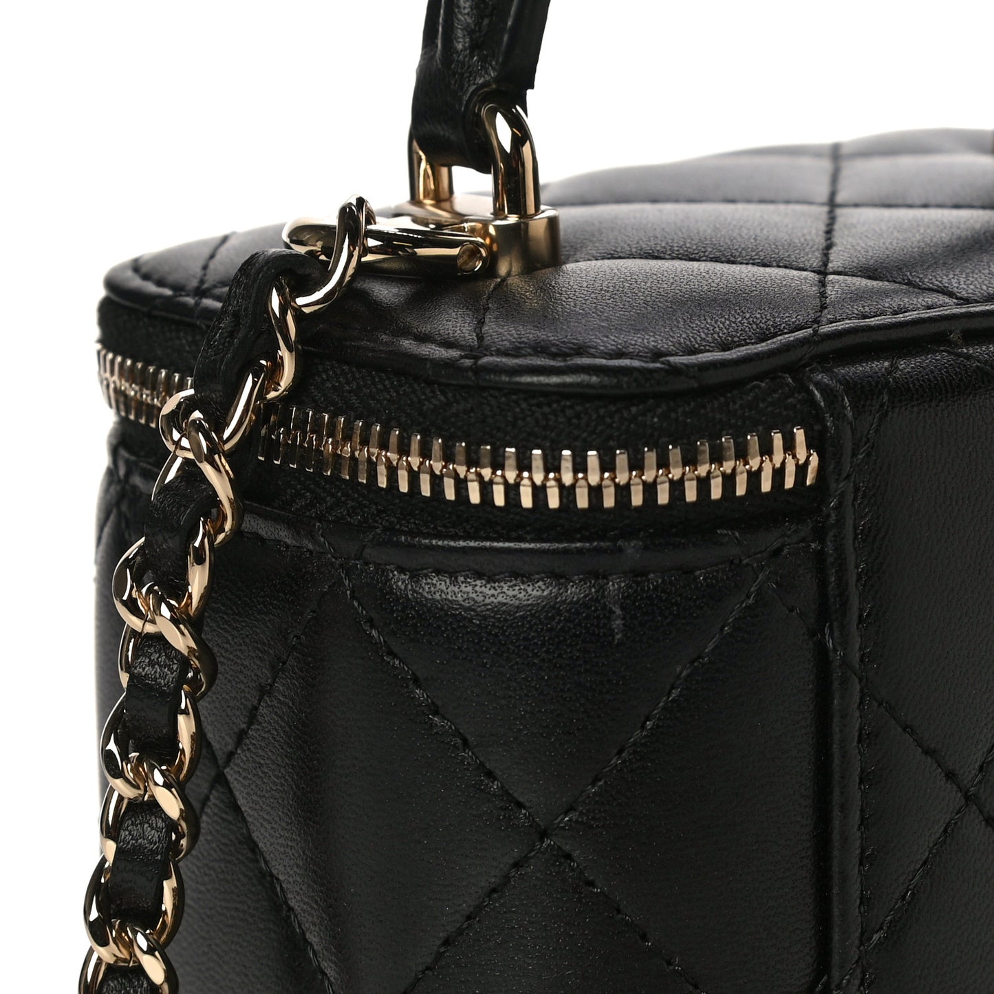 Lambskin Quilted Top Handle Mini Vanity Case With Chain Black